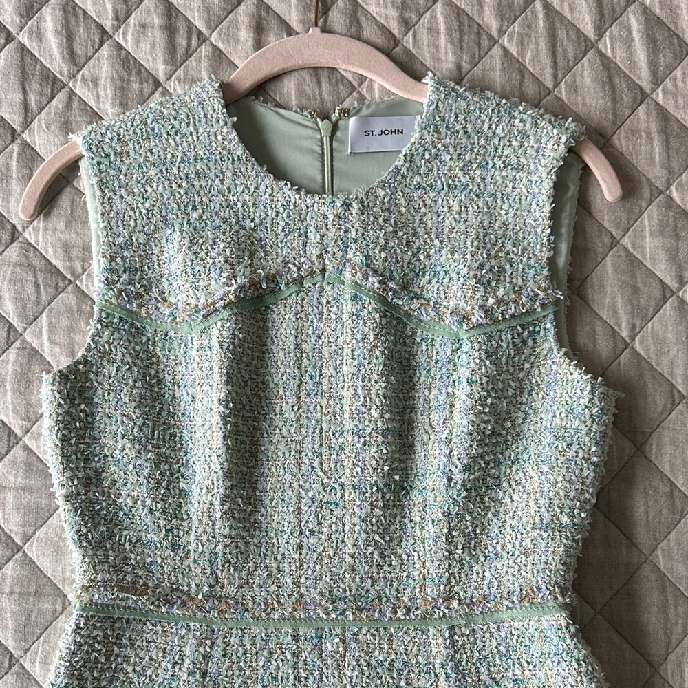 St. John Mint Tweed Sleeveless Dress with Multicolor Flecks - Picture 2 of 4